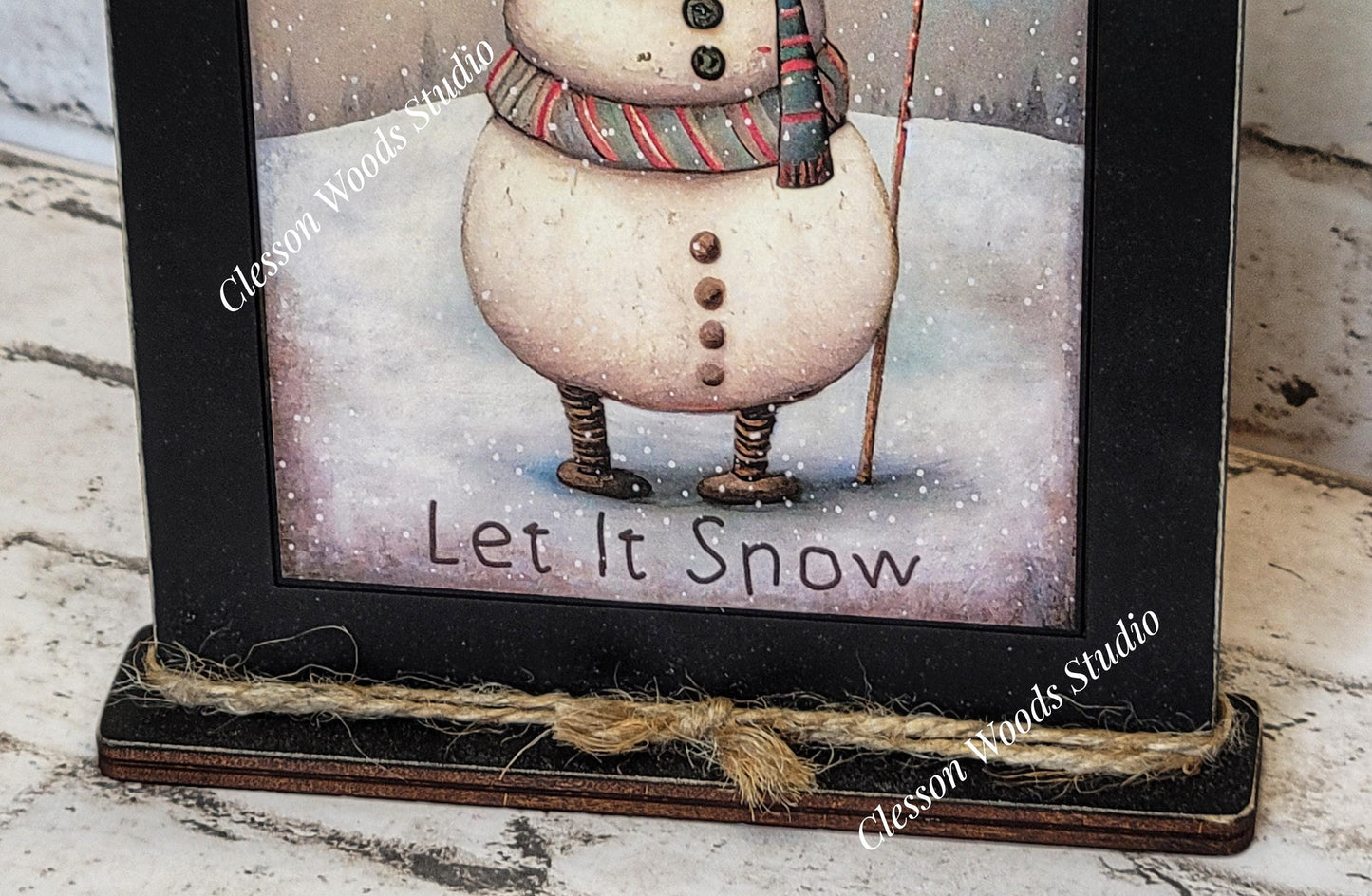 Primitive Snowman Let It Snow Framed Art with Attached Stand