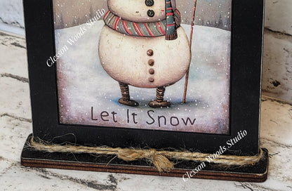 Primitive Snowman Let It Snow Framed Art with Attached Stand