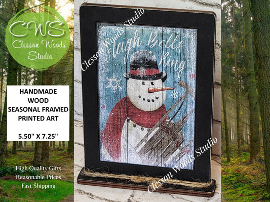 Primitive Snowman Sleigh Bells Ring Framed Art with Attached Stand