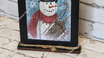 Primitive Snowman Sleigh Bells Ring Framed Art with Attached Stand