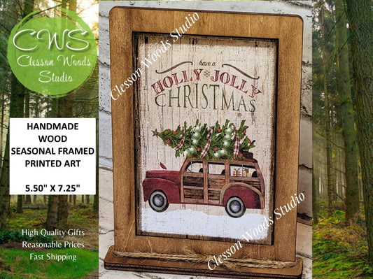 Have A Holly Jolly Christmas Red Truck Framed Art with Attached Stand