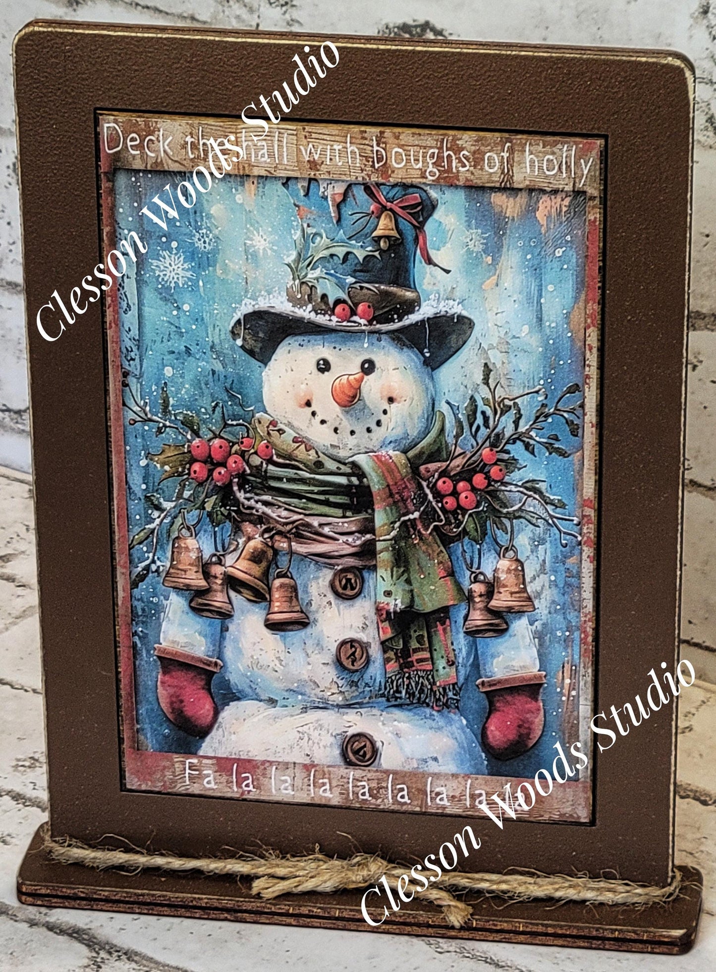 Primitive Snowman Deck The Halls Wreath and Bells Framed Art with Attached Stand