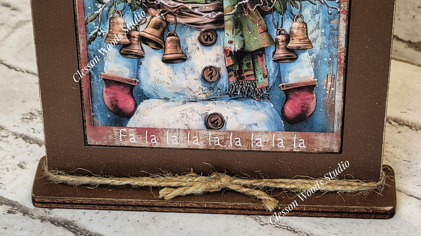 Primitive Snowman Deck The Halls Wreath and Bells Framed Art with Attached Stand
