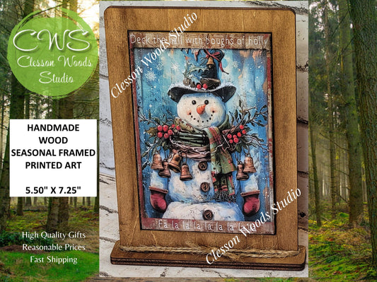 Primitive Snowman Deck The Halls Wreath and Bells Framed Art with Attached Stand