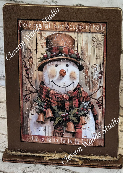 Primitive Snowman Deck The Halls Plaid Scarf Framed Art with Attached Stand