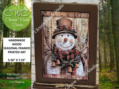 Primitive Snowman Deck The Halls Plaid Scarf Framed Art with Attached Stand
