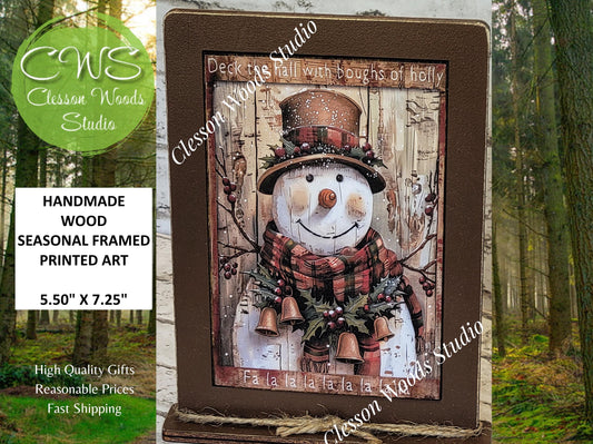 Primitive Snowman Deck The Halls Plaid Scarf Framed Art with Attached Stand