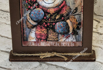 Primitive Snowman Deck The Halls Holly and Berries Framed Art with Attached Stand