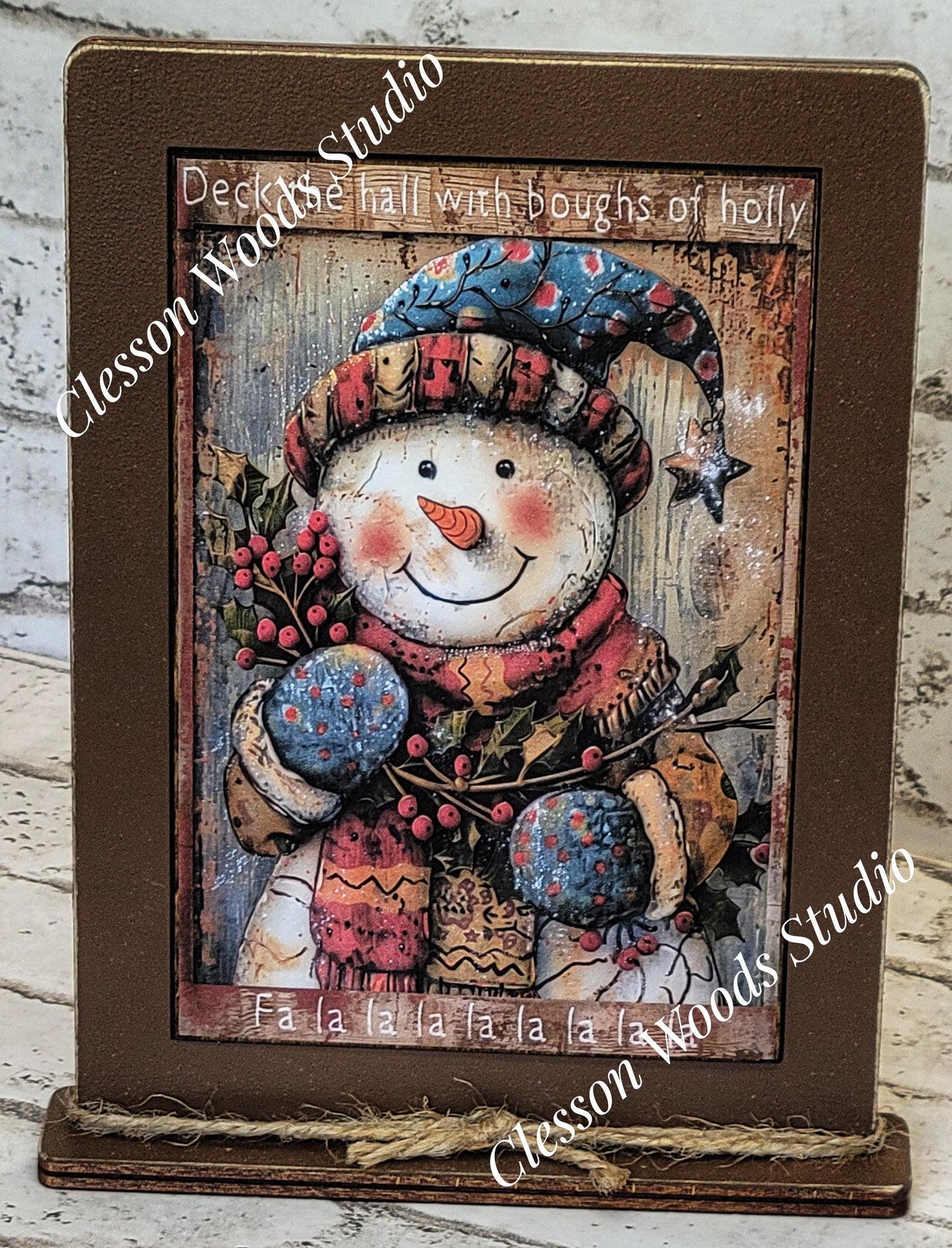 Primitive Snowman Deck The Halls Holly and Berries Framed Art with Attached Stand