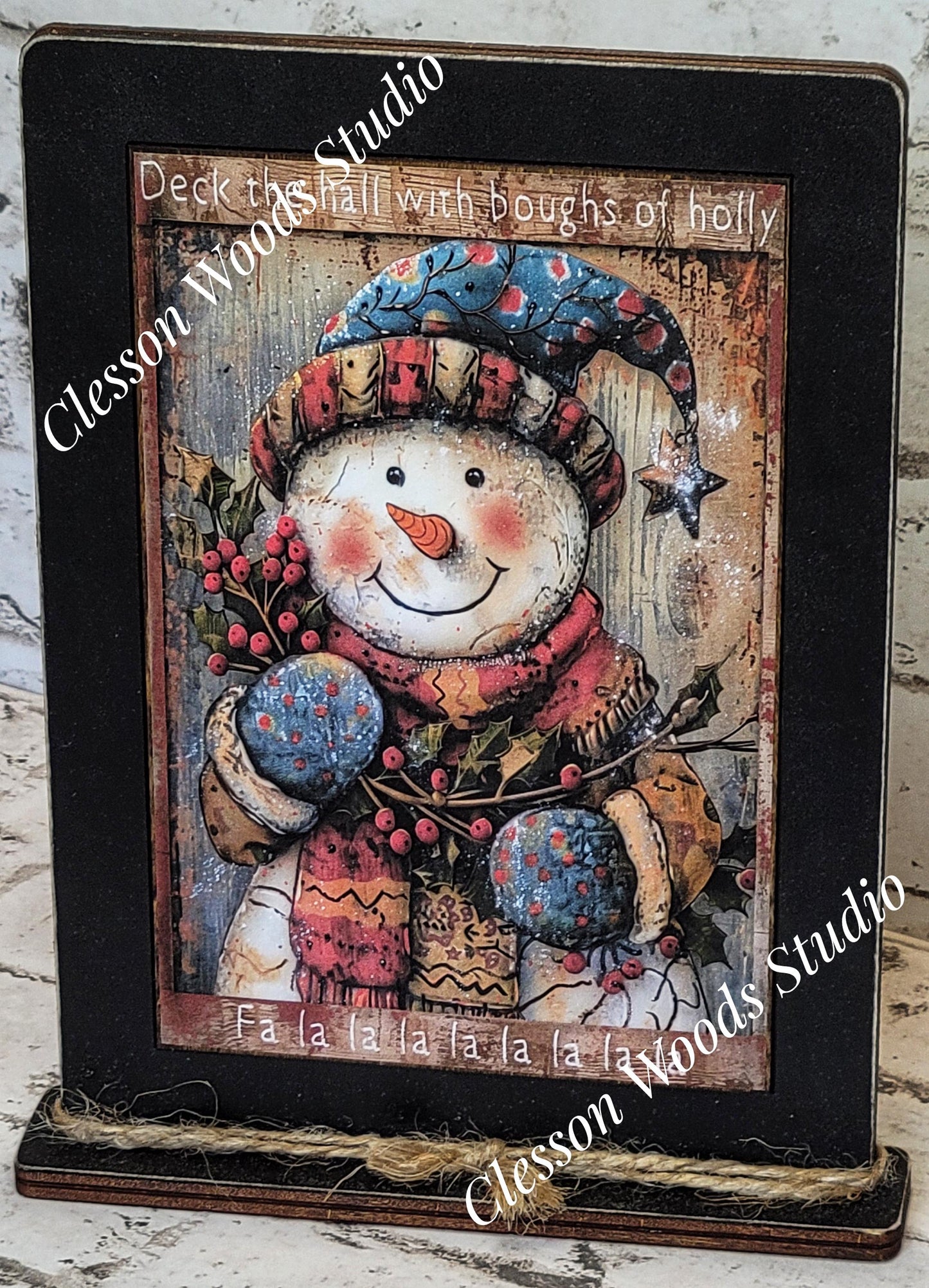Primitive Snowman Deck The Halls Holly and Berries Framed Art with Attached Stand