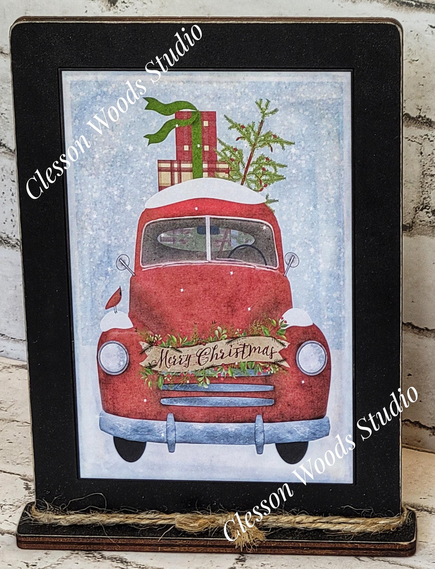 Vintage Truck Red Winter Christmas Framed Art with Attached Stand