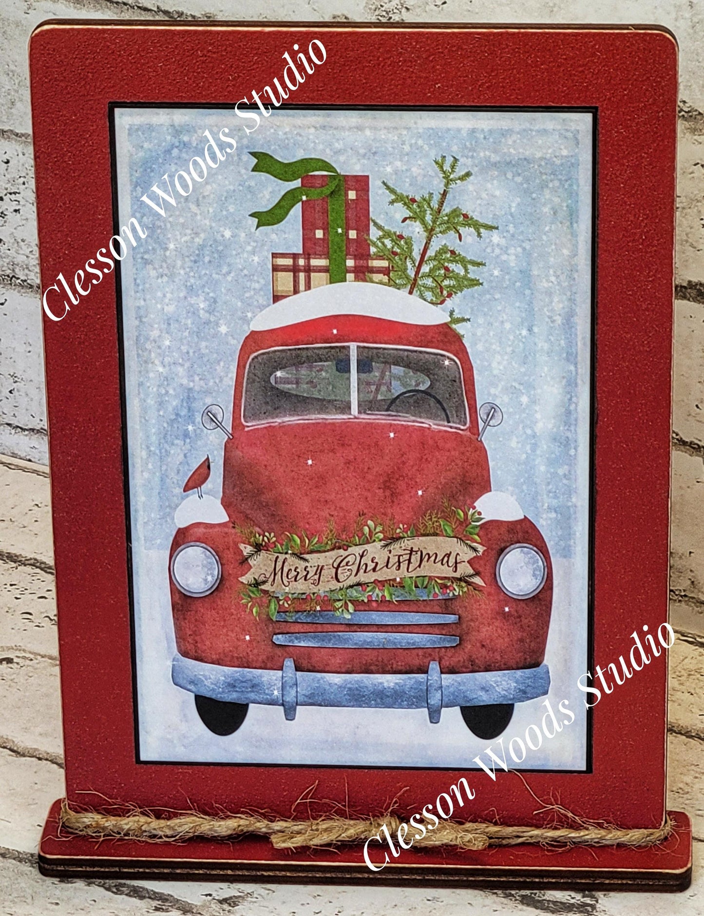Vintage Truck Red Winter Christmas Framed Art with Attached Stand