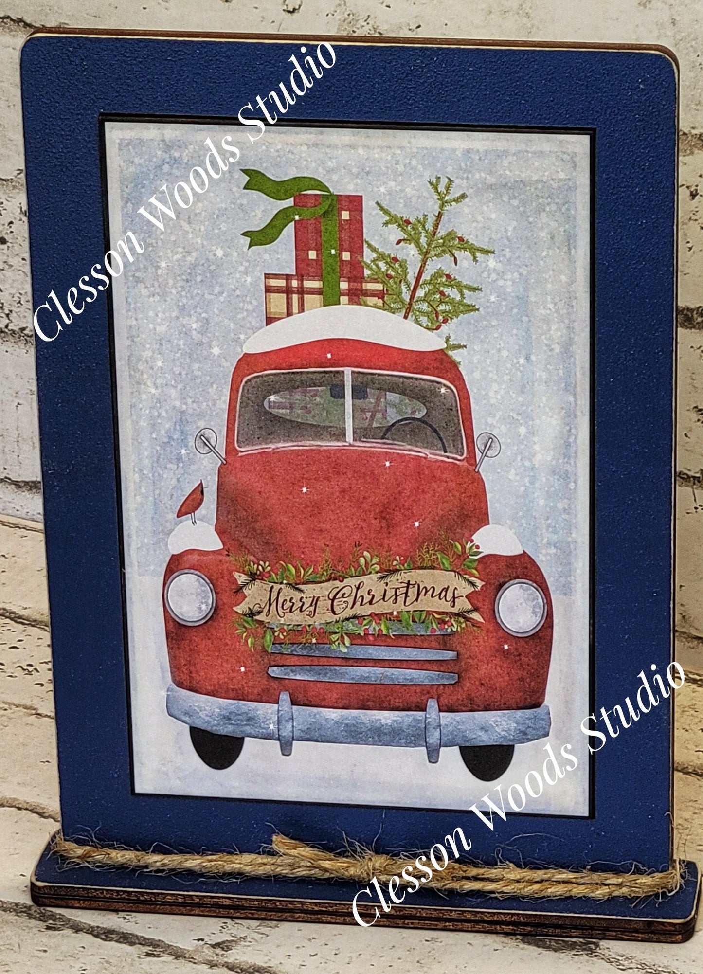 Vintage Truck Red Winter Christmas Framed Art with Attached Stand