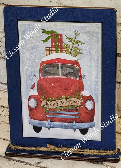 Vintage Truck Red Winter Christmas Framed Art with Attached Stand