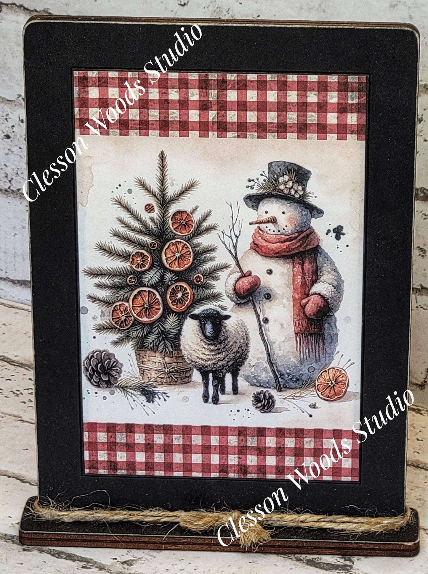 Primitive Snowman Sheep and Tree Framed Art with Attached Stand