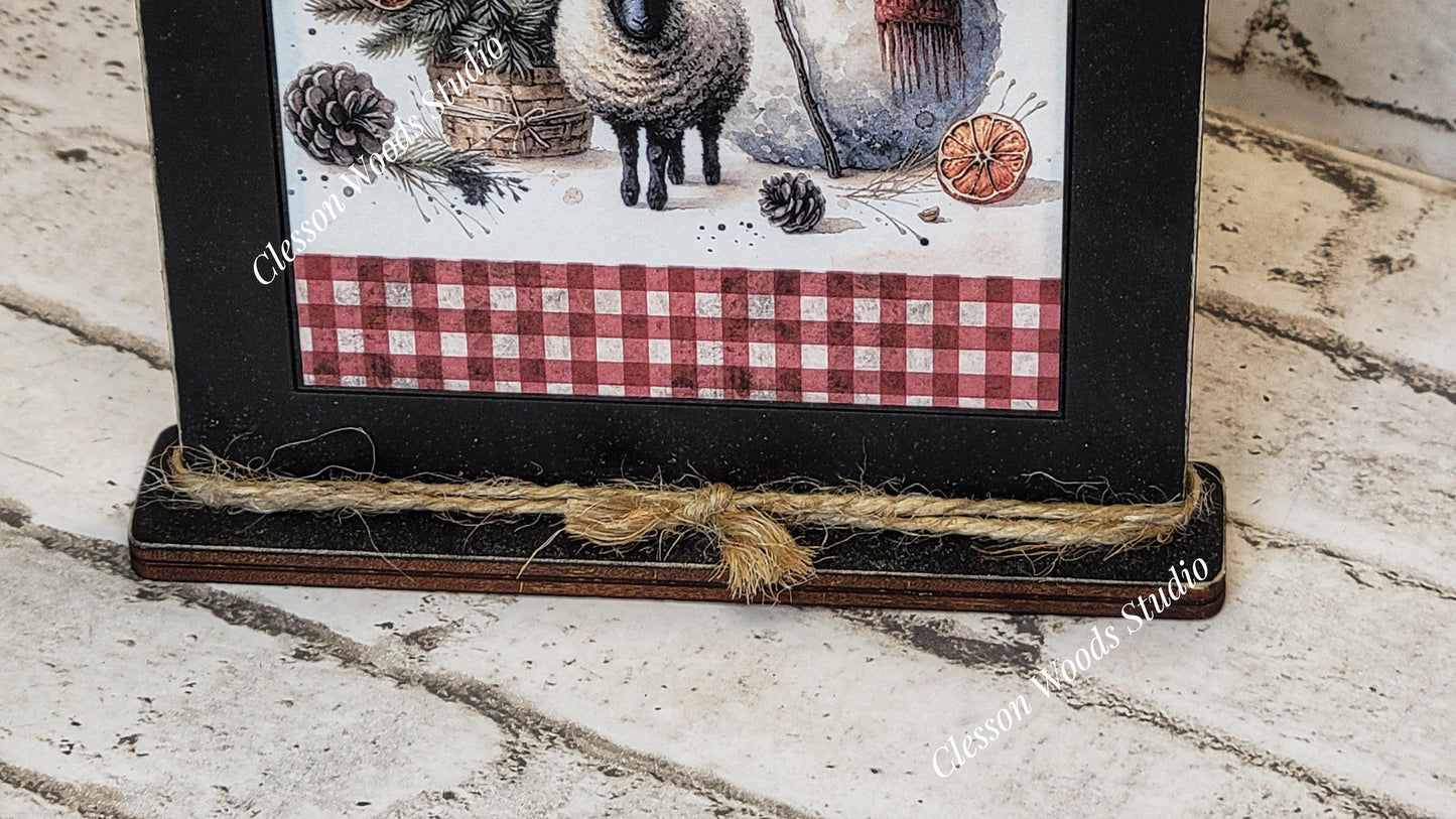 Primitive Snowman Sheep and Tree Framed Art with Attached Stand