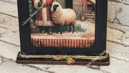 Primitive Santa Barn and Sheep Framed Art with Attached Stand