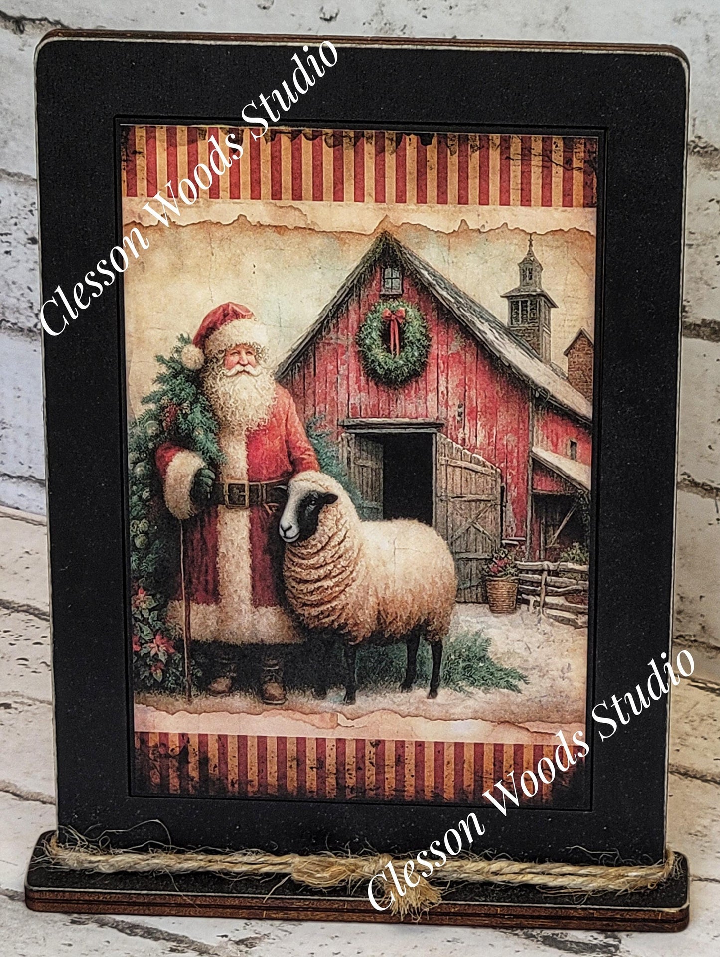 Primitive Santa Barn and Sheep Framed Art with Attached Stand