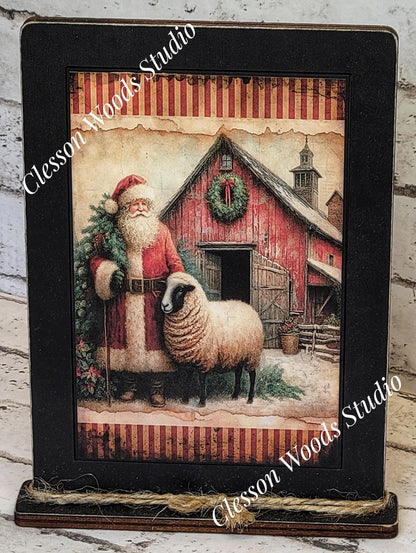 Primitive Santa Barn and Sheep Framed Art with Attached Stand