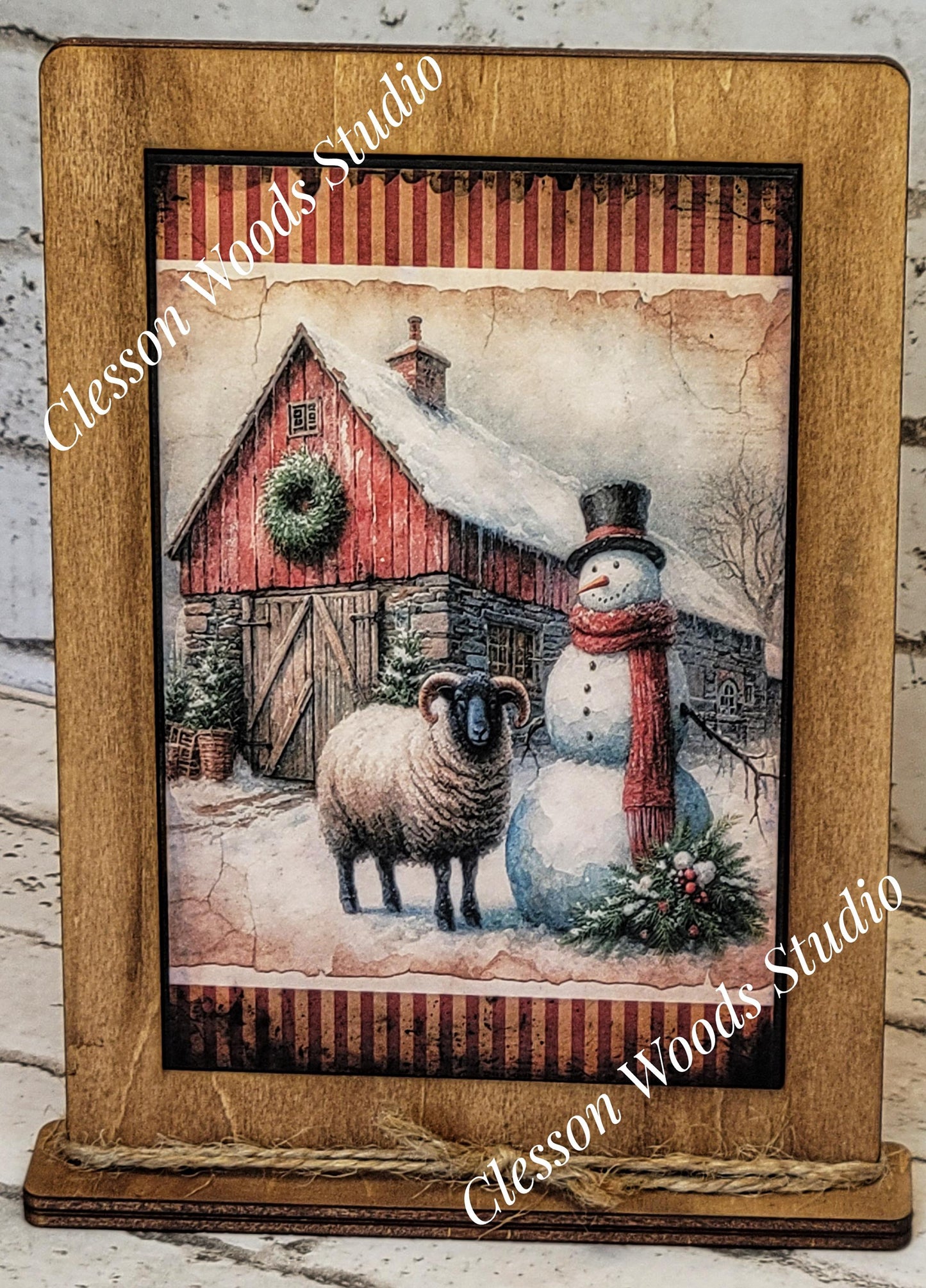 Primitive Snowman Barn and Sheep Framed Art with Attached Stand