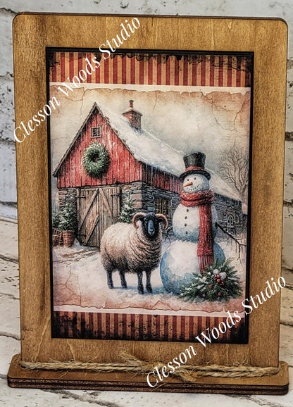 Primitive Snowman Barn and Sheep Framed Art with Attached Stand