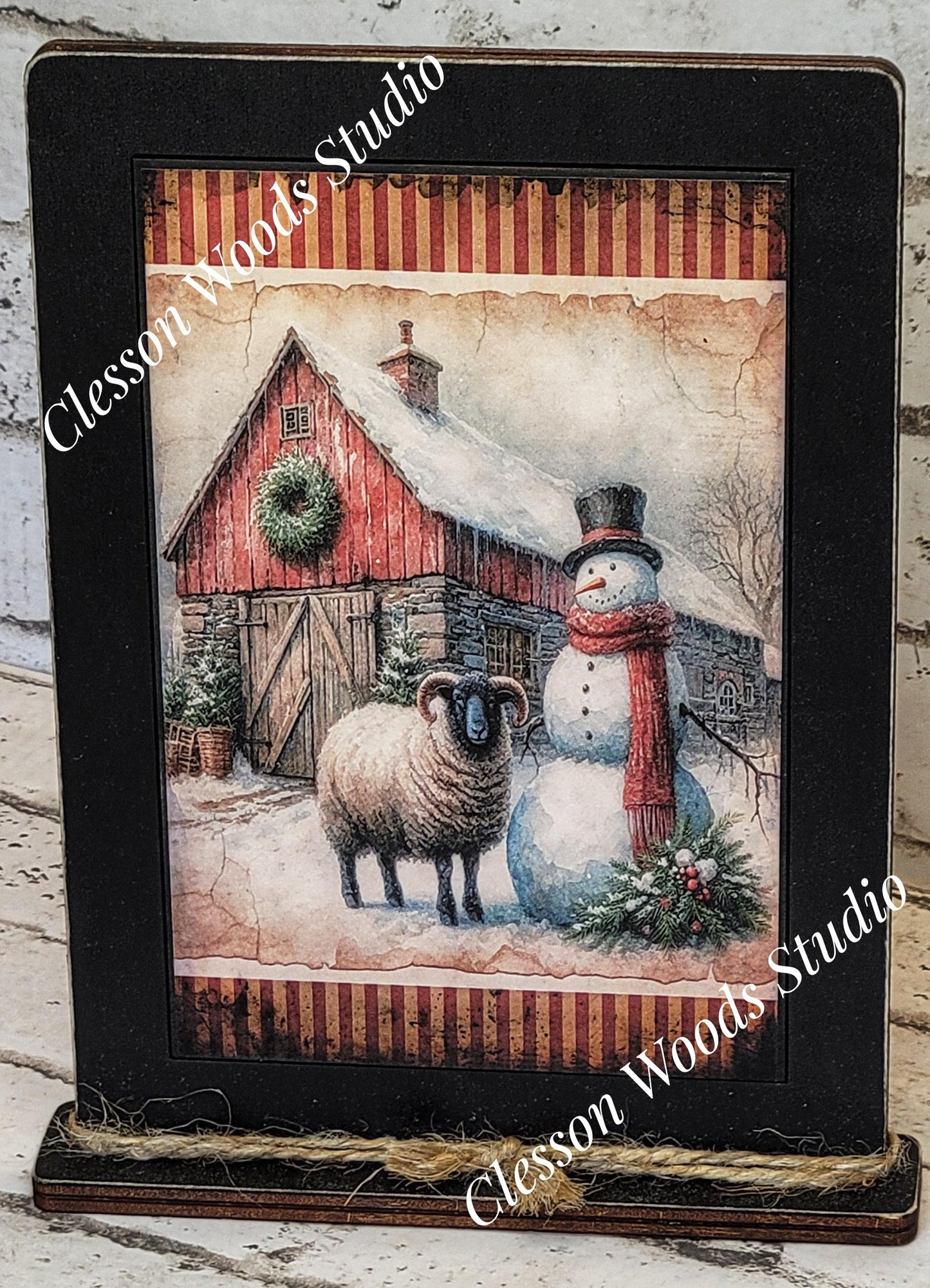 Primitive Snowman Barn and Sheep Framed Art with Attached Stand