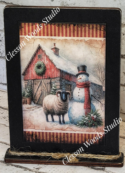 Primitive Snowman Barn and Sheep Framed Art with Attached Stand