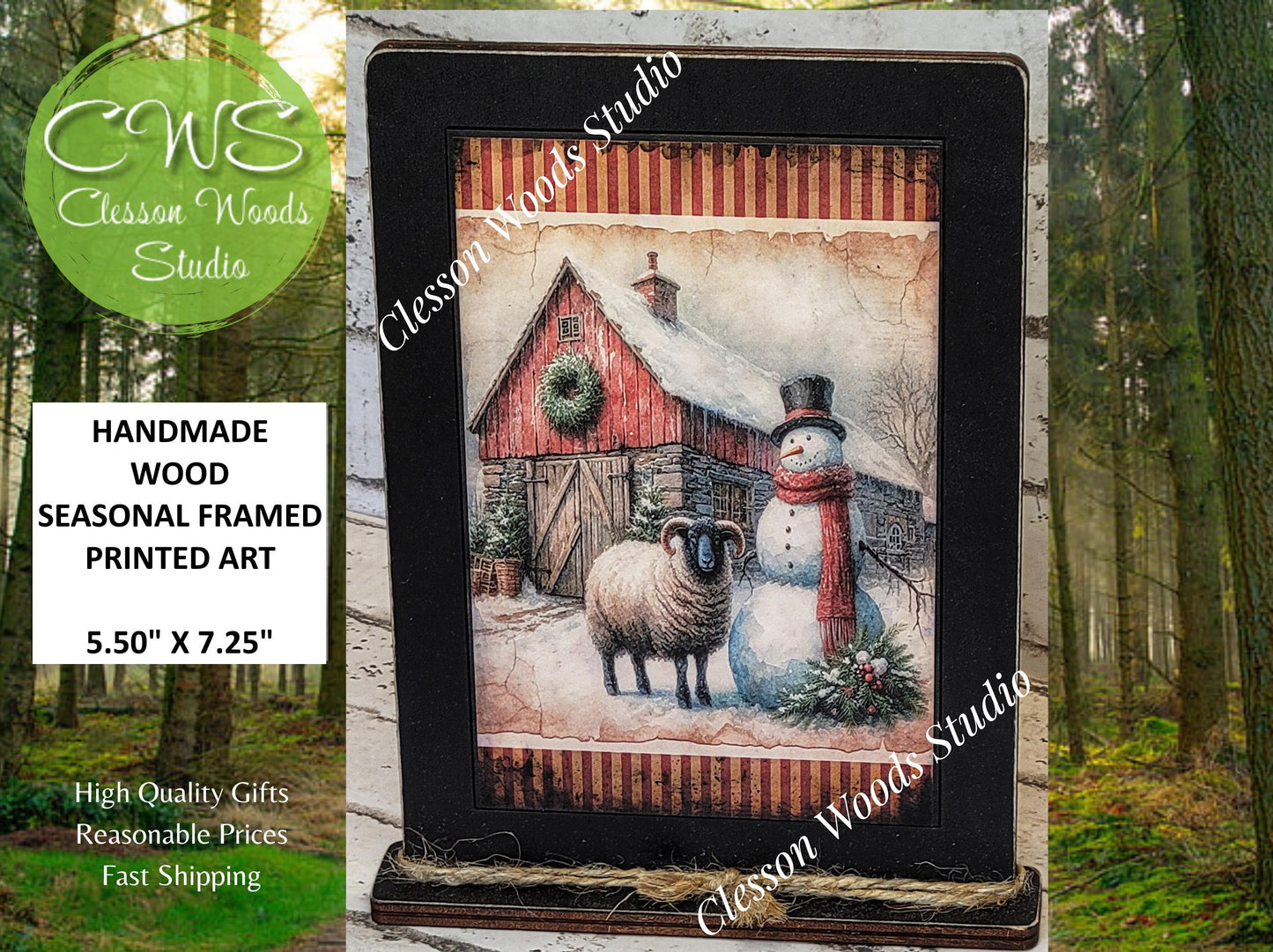 Primitive Snowman Barn and Sheep Framed Art with Attached Stand
