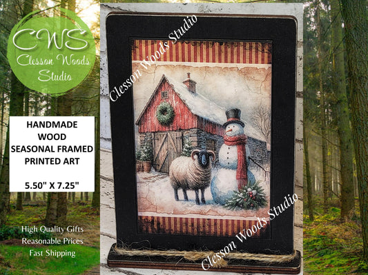 Primitive Snowman Barn and Sheep Framed Art with Attached Stand