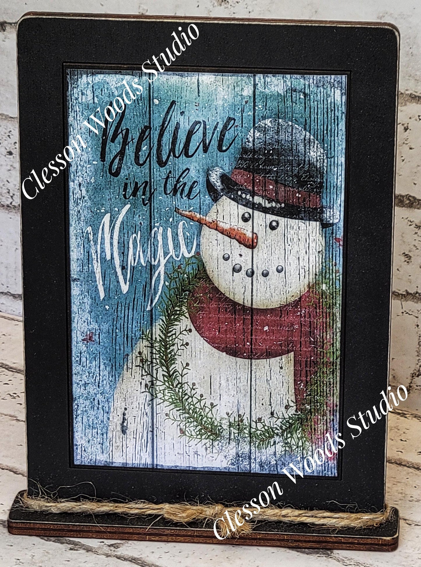 Primitive Snowman Believe In The Magic Framed Art with Attached Stand