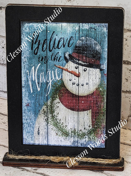 Primitive Snowman Believe In The Magic Framed Art with Attached Stand