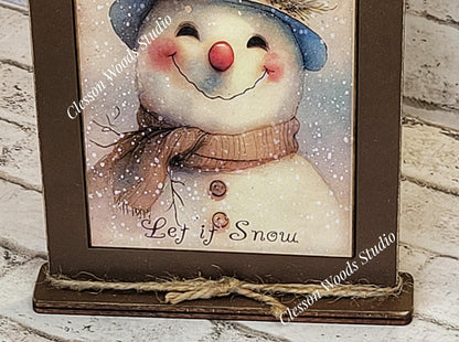 Snowman Blue Hat Let It Snow Framed Art with Attached Stand