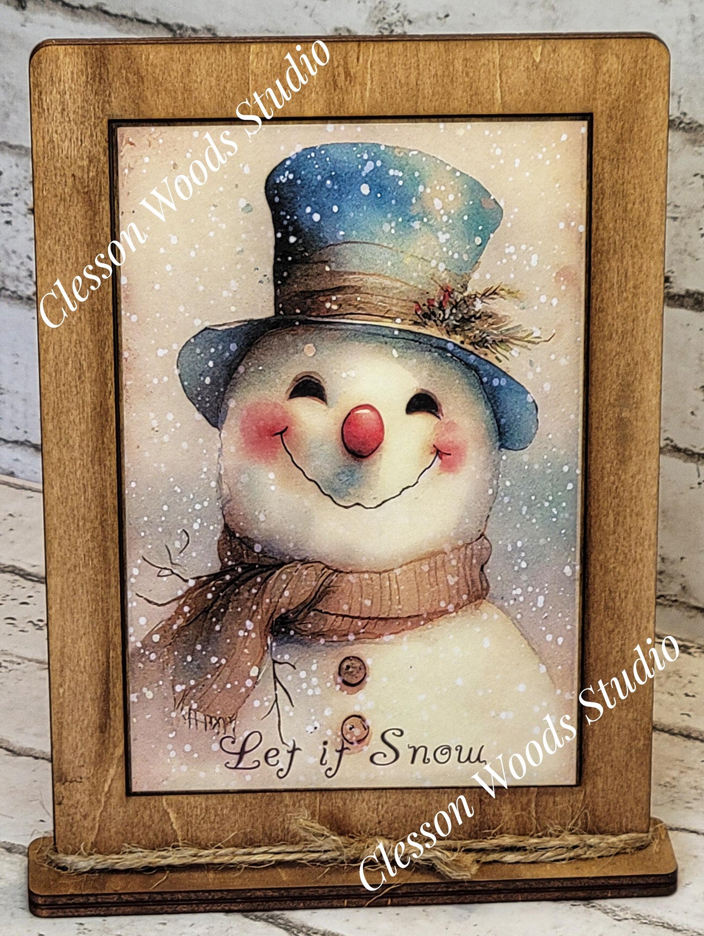 Snowman Blue Hat Let It Snow Framed Art with Attached Stand