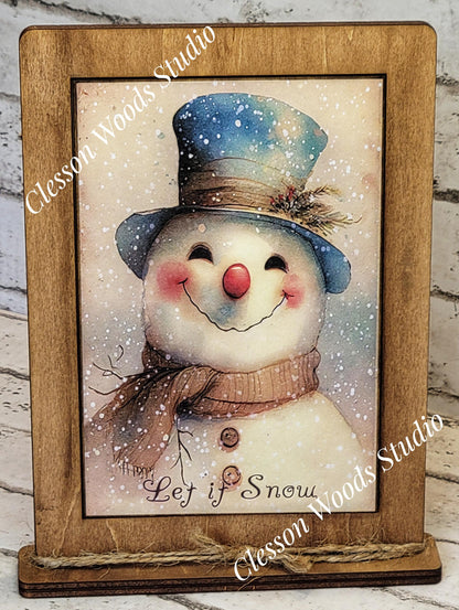 Snowman Blue Hat Let It Snow Framed Art with Attached Stand