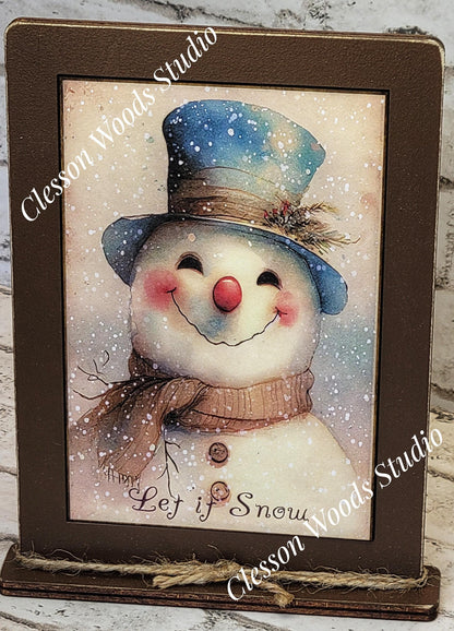Snowman Blue Hat Let It Snow Framed Art with Attached Stand