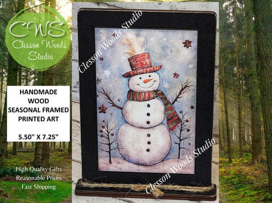 Snowman Red Hat Red Green Scarf Framed Art with Attached Stand