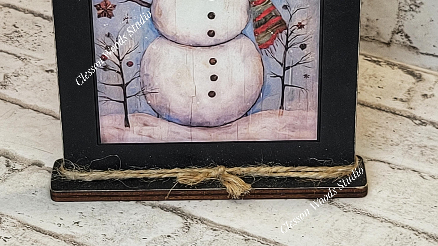 Snowman Red Hat Red Green Scarf Framed Art with Attached Stand