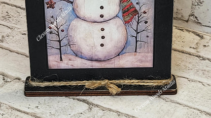 Snowman Red Hat Red Green Scarf Framed Art with Attached Stand