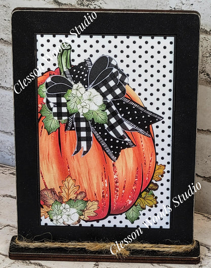 Fall Pumpkin Black Dots Background Wood Framed Art with Attached Stand