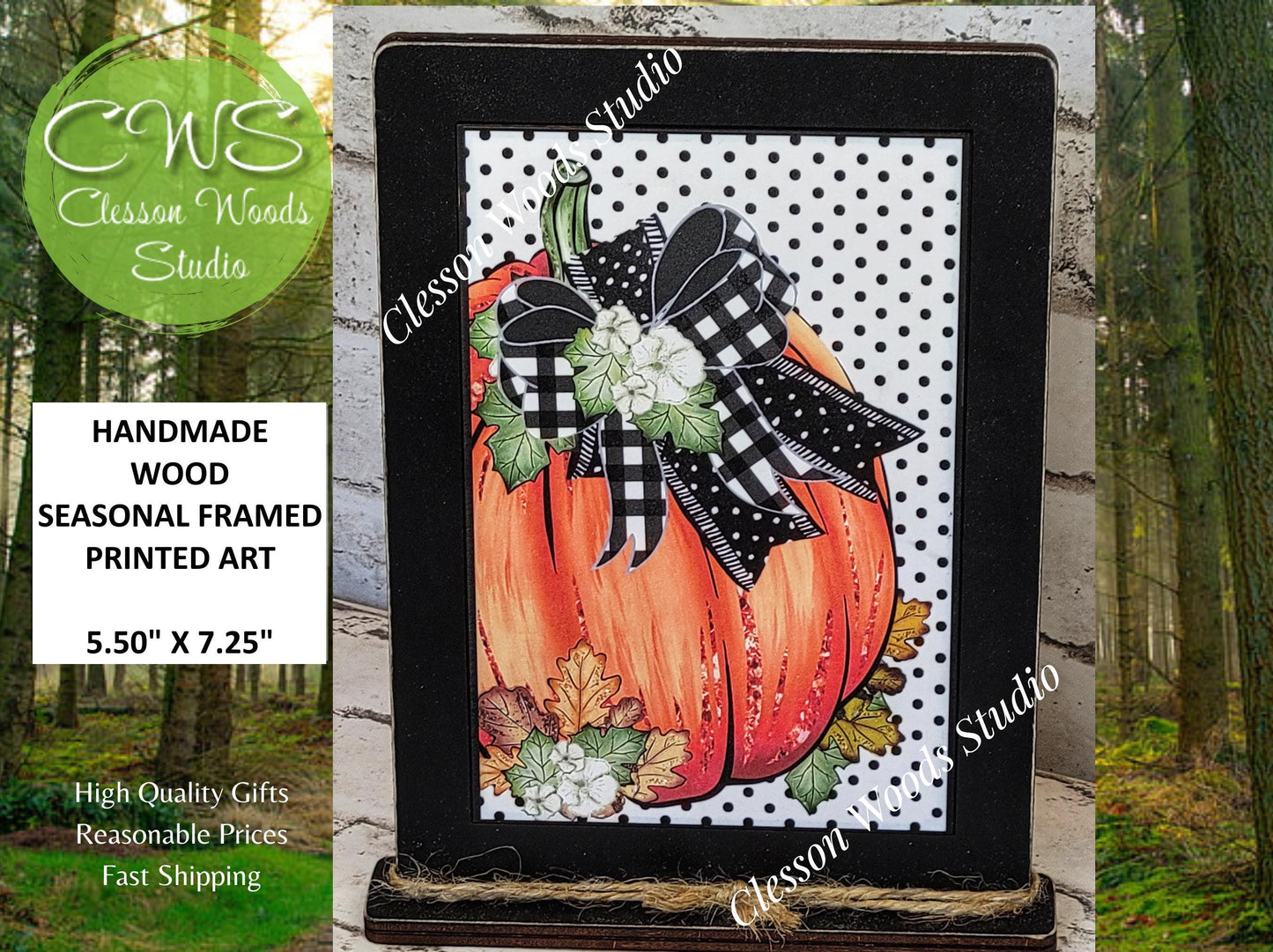 Fall Pumpkin Black Dots Background Wood Framed Art with Attached Stand