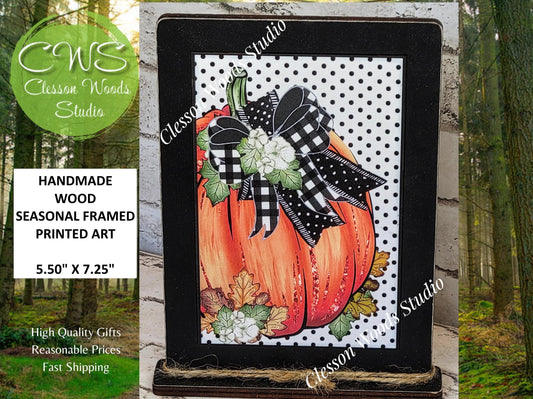 Fall Pumpkin Black Dots Background Wood Framed Art with Attached Stand