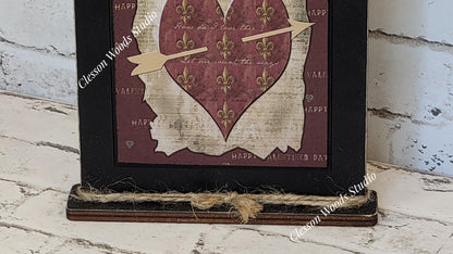 Primitive Love Valentine Heart Wood Framed Art with Attached Stand