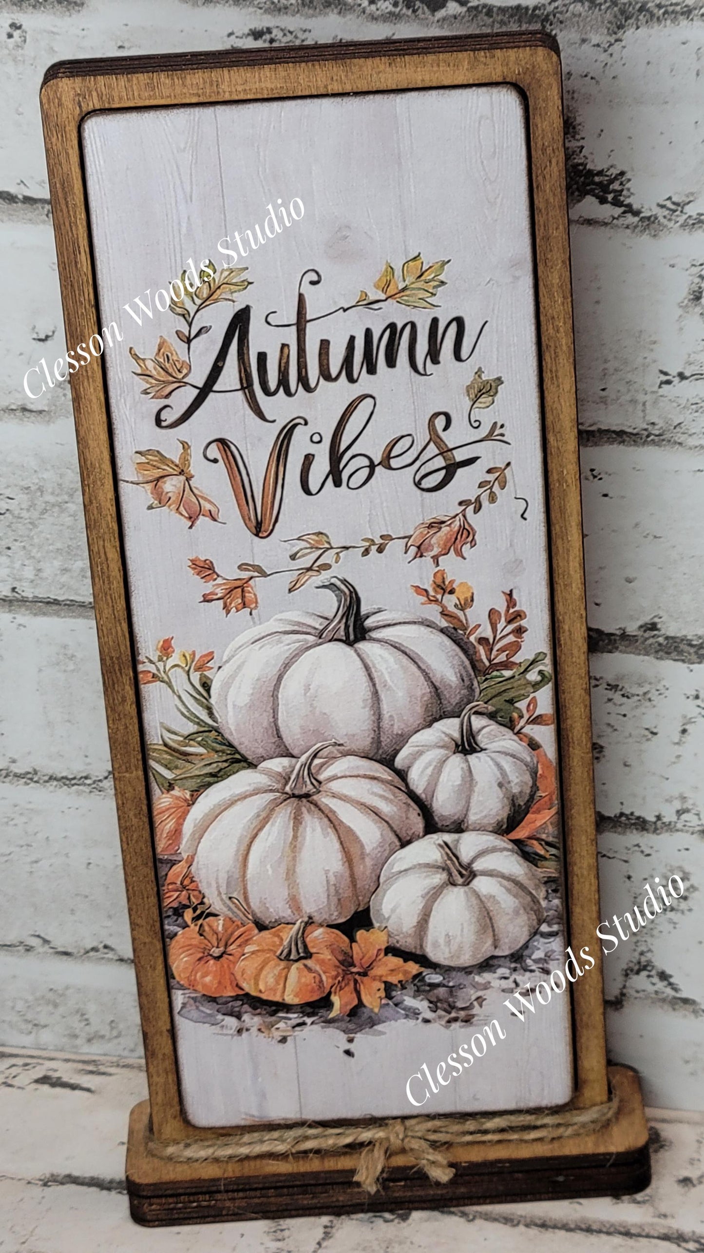 Autumn Vibes White Pumpkins Vertical Standing Wood Sign