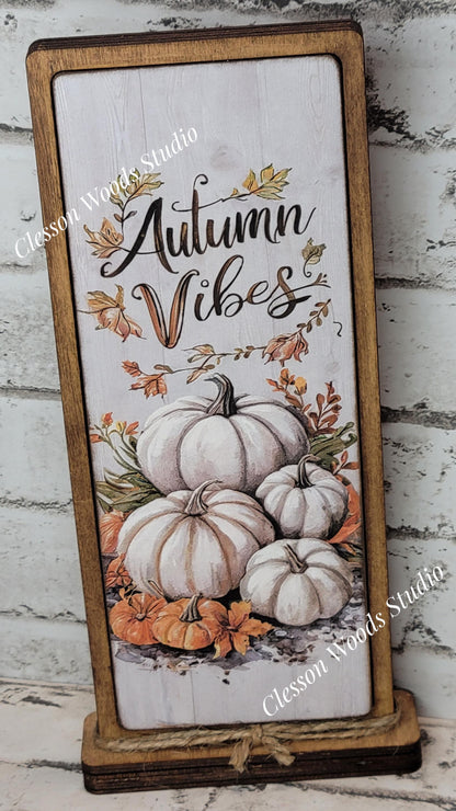 Autumn Vibes White Pumpkins Vertical Standing Wood Sign