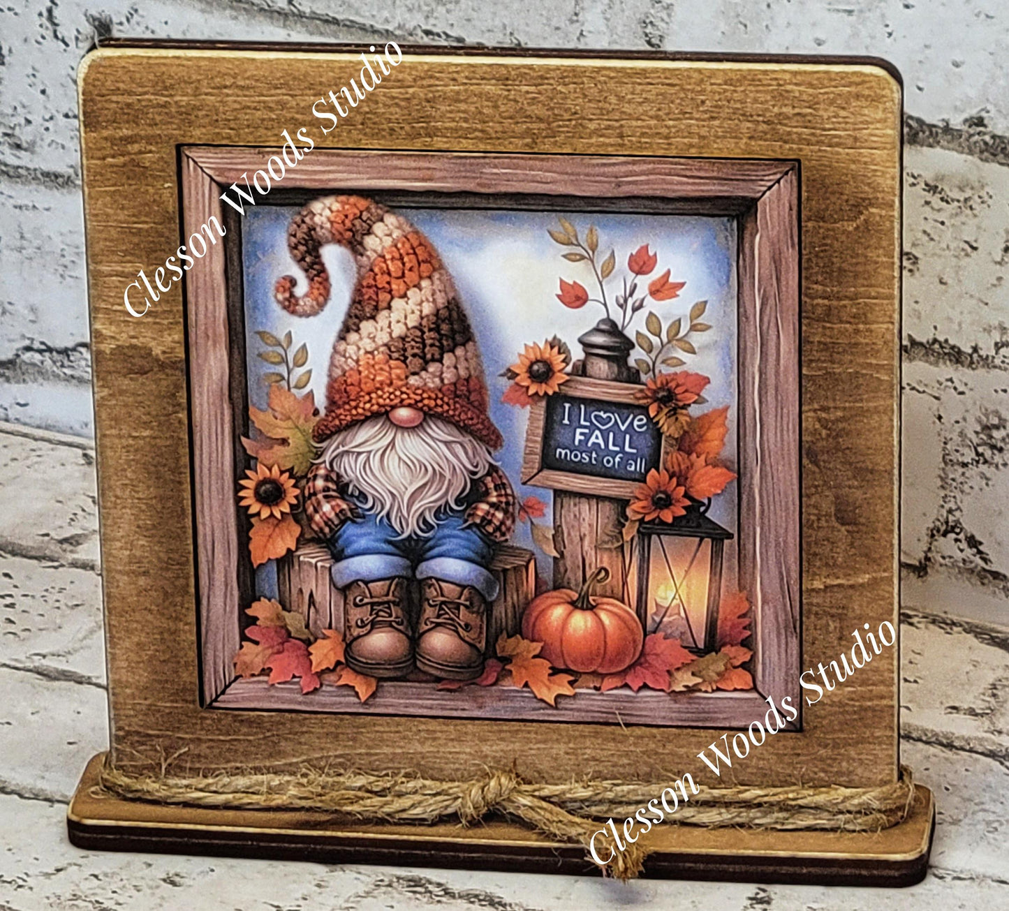 Fall Gnome I Love Fall Most Of All Framed Wood Sign