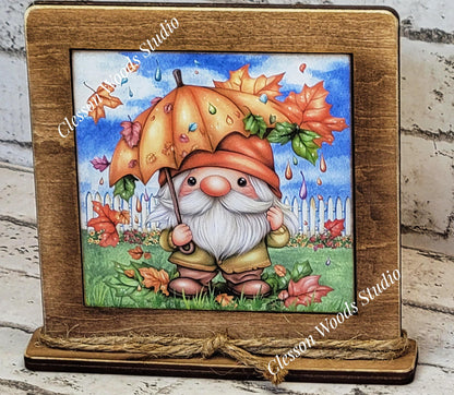 Fall Gnome With Umbrella Framed Art Wood Sign