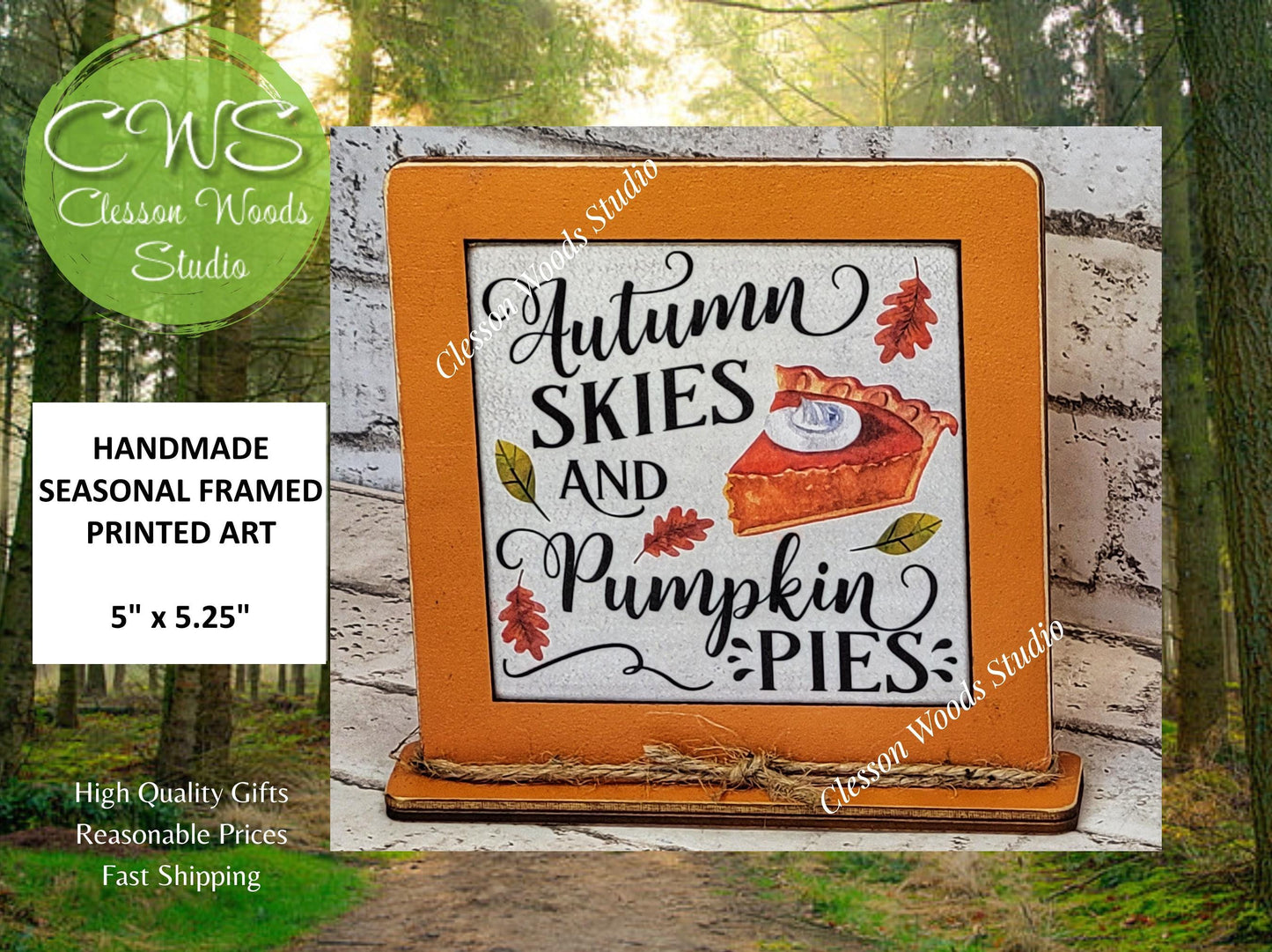 Autumn Skies and Pumpkin Pies Framed Art Wood Sign