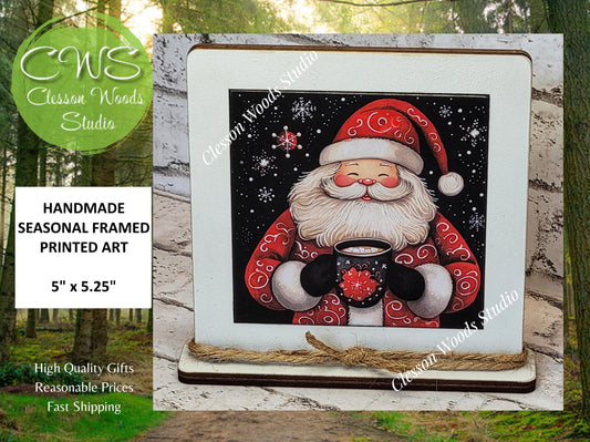 Jolly Santa With Hot Cocoa Framed Art Wood Sign