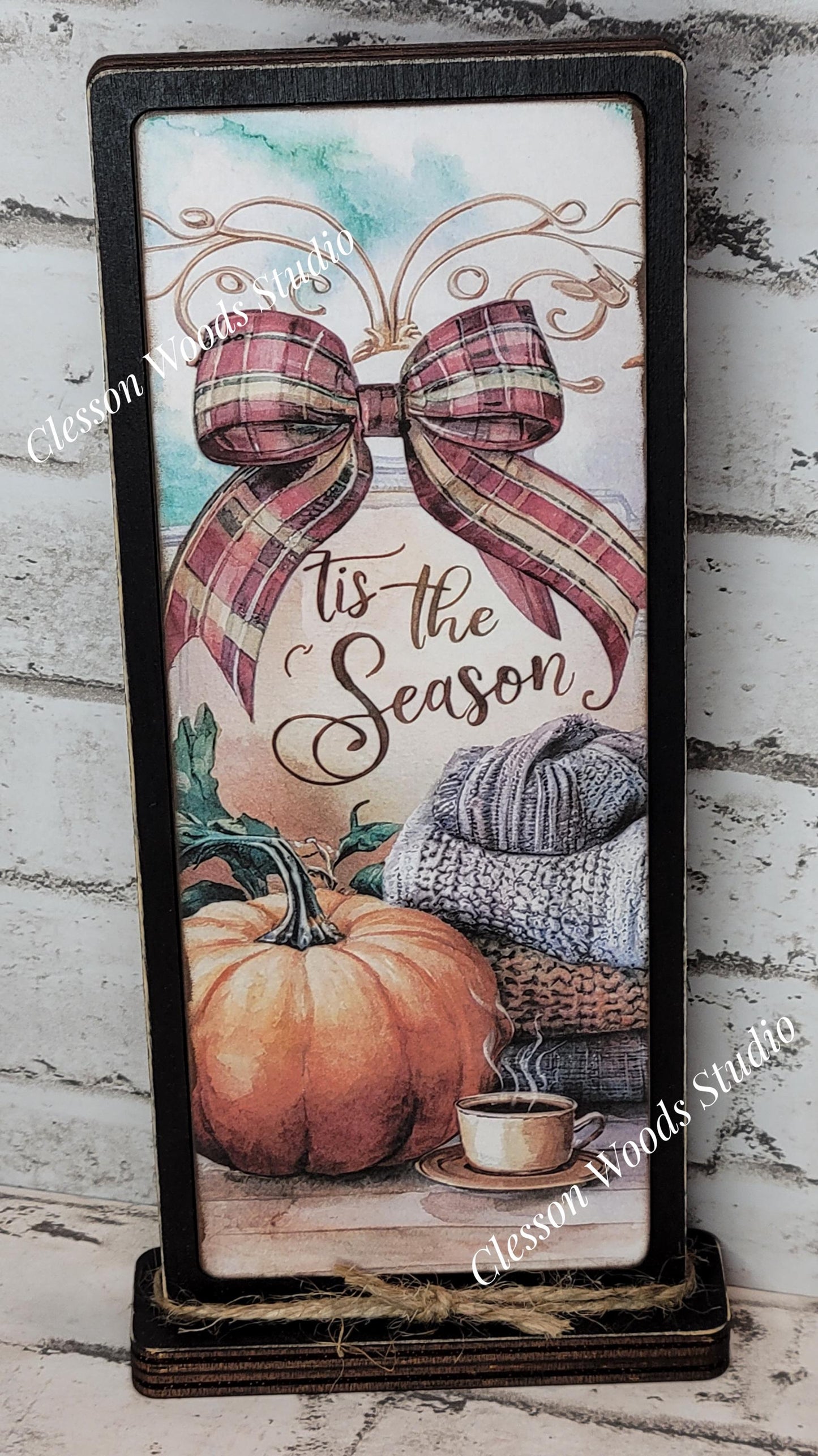Tis The Season Pumpkin Sweaters Cup Vertical Standing Wood Sign