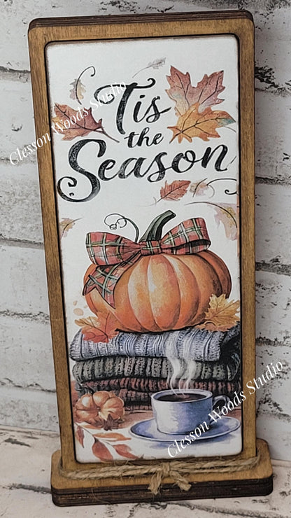 Tis The Season Sweater Stack With Pumpkin Vertical Standing Wood Sign
